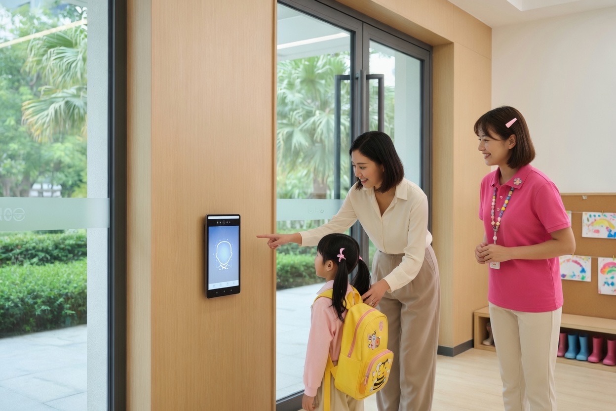 幼儿园入口，壁挂人脸考勤机安装在幼儿脸部高度，家长引导孩子签到，教师在旁迎接