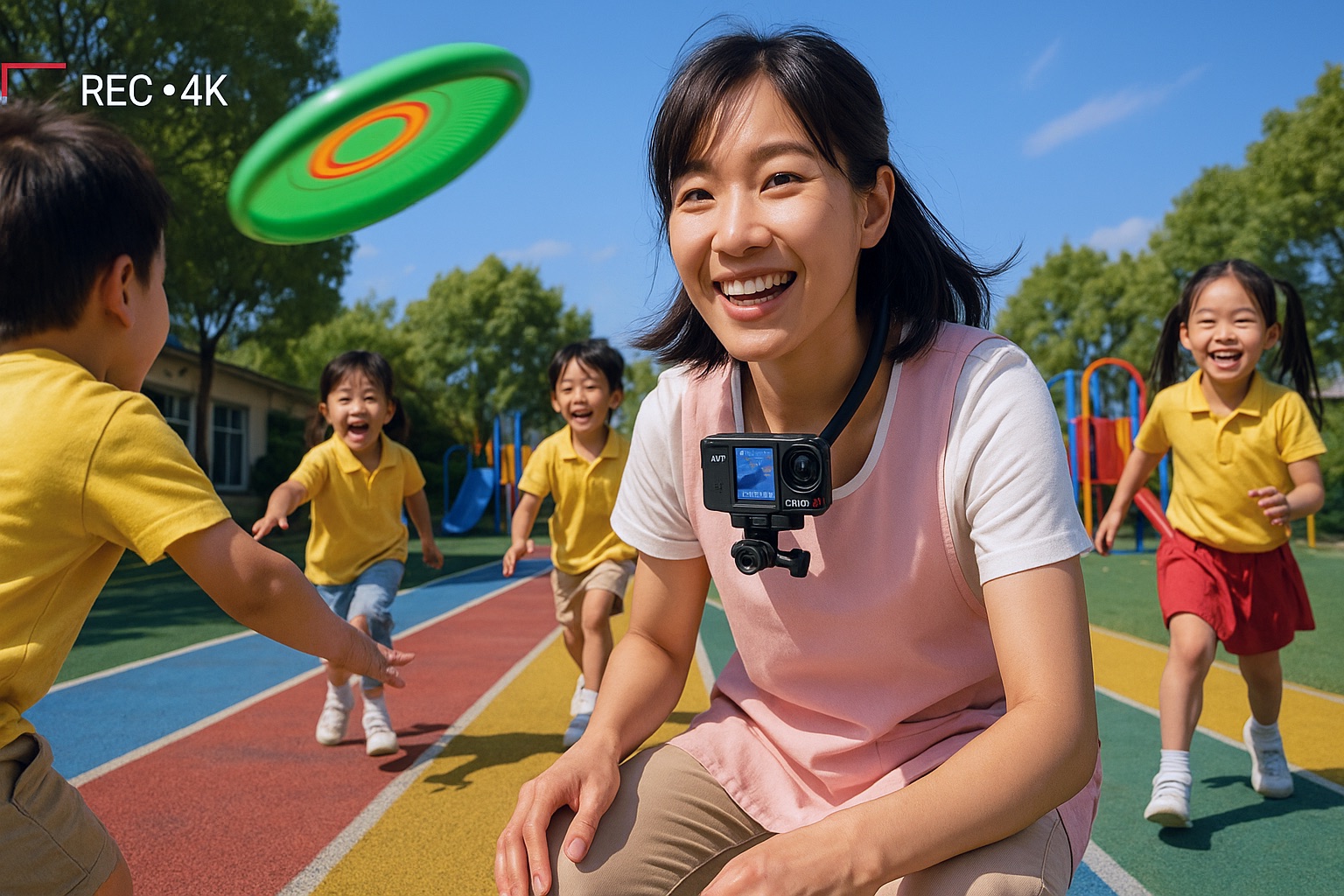 幼儿园户外操场，教师胸前佩戴高清记录仪，和孩子们一起玩飞盘并采集游戏画面